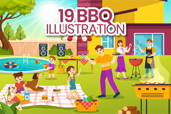 19 Barbecue and Grill Set Vector Illustration