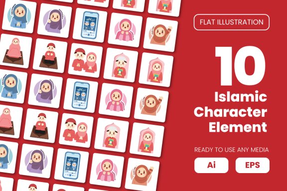 Collection of Islamic Character Element in Flat Illustration
