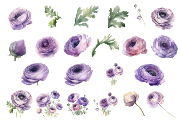 Blue flower. Watercolor clipart collection Bundle