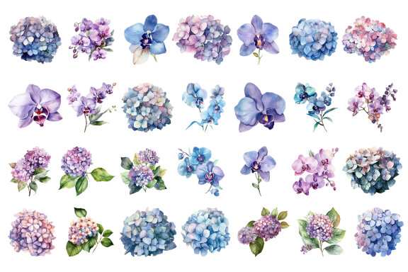 Blue flower. Watercolor clipart collection Bundle