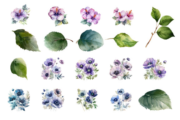 Blue flower. Watercolor clipart collection Bundle