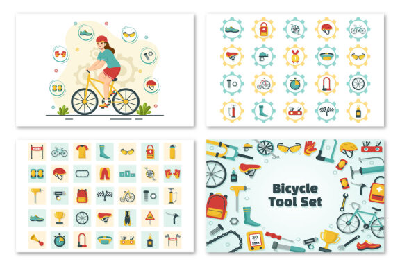 12 Cycling and Bicycle Tool Set Illustration