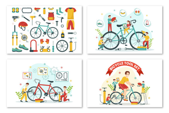 12 Cycling and Bicycle Tool Set Illustration