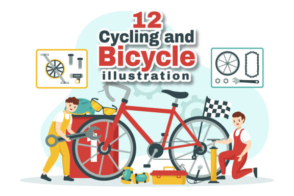 12 Cycling and Bicycle Tool Set Illustration