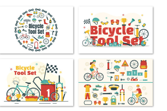 12 Cycling and Bicycle Tool Set Illustration