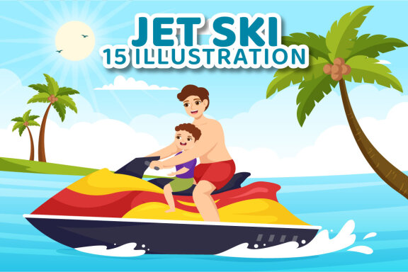 15 People Ride Jet Ski Illustration