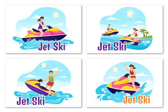 15 People Ride Jet Ski Illustration