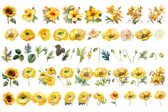Yellow flower. Watercolor clipart collection Bundle