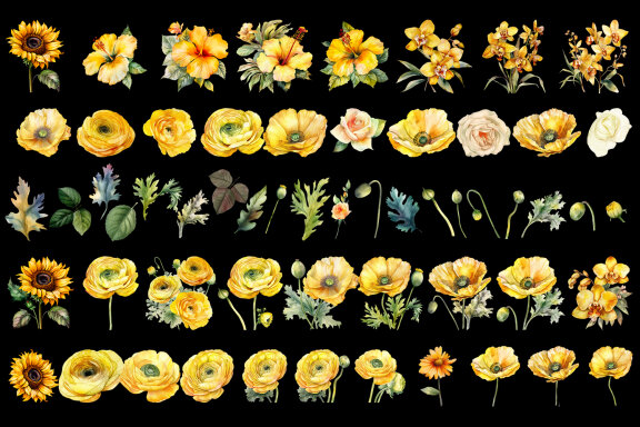 Yellow flower. Watercolor clipart collection Bundle