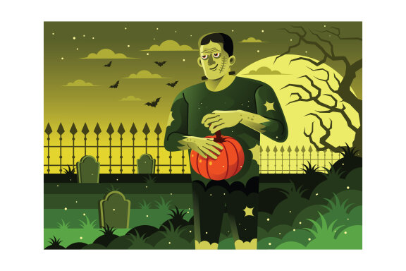 Frankenstein Monster Holding Halloween Pumpkin