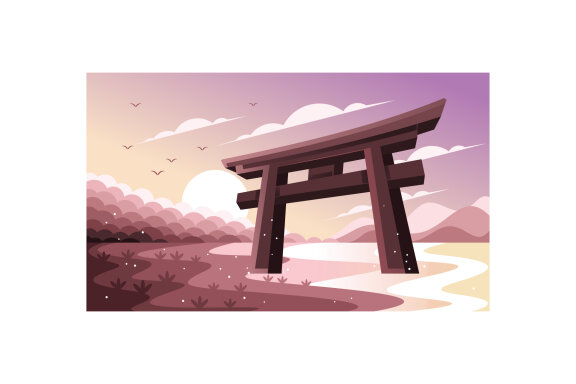 Torii Gate Japan in Beach Illustration