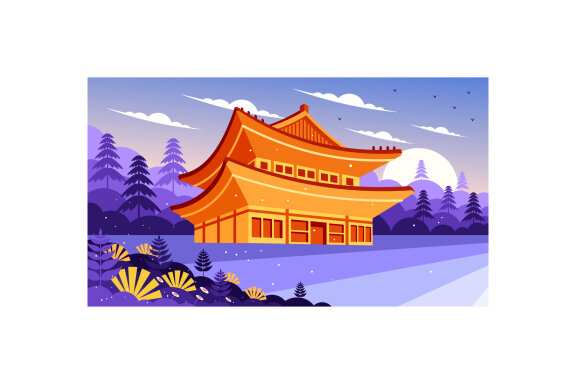 Korean Culture Building Nature View Illustration