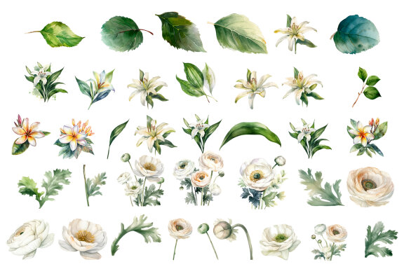 White Flower Watercolor Clipart Collection