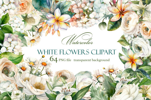 White Flower Watercolor Clipart Collection