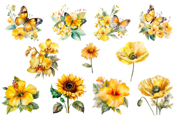 Yellow watercolor Butterflies for Sublimation, Flower PNG