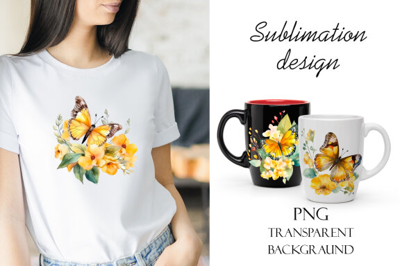 Yellow watercolor Butterflies for Sublimation, Flower PNG