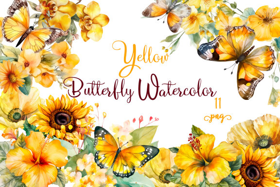 Yellow watercolor Butterflies for Sublimation, Flower PNG