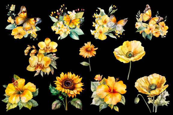 Yellow watercolor Butterflies for Sublimation, Flower PNG