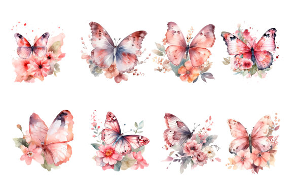 Pinc watercolor Butterflies for Sublimation, Flower PNG