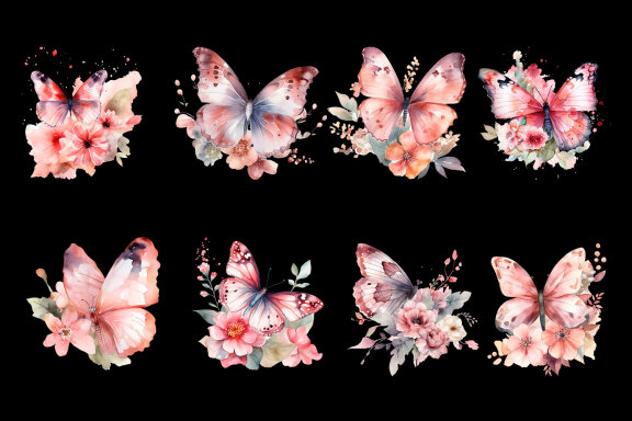 Pinc watercolor Butterflies for Sublimation, Flower PNG