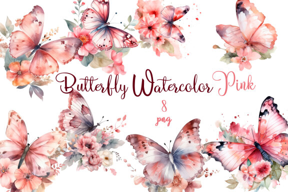 Pinc watercolor Butterflies for Sublimation, Flower PNG