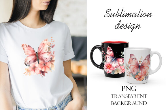 Pinc watercolor Butterflies for Sublimation, Flower PNG