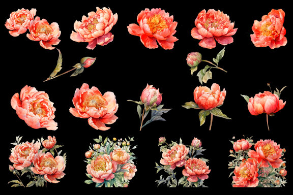Watercolor Peony flower Clipart Bundle