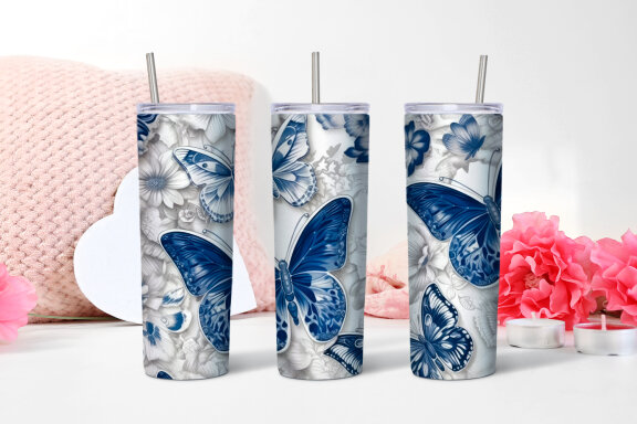 Blue and White Butterflies Tumbler | Sublimation 20 oz