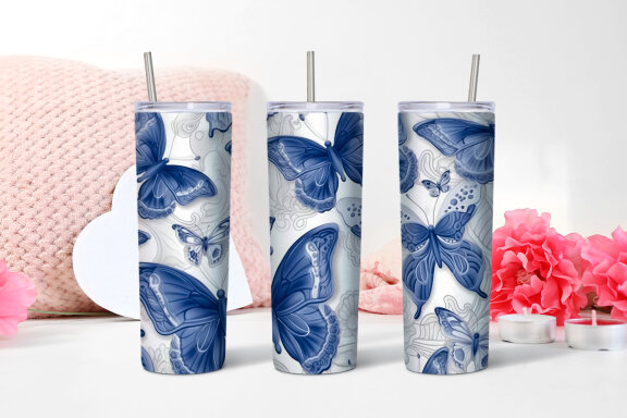 Blue and White Butterflies Tumbler | Sublimation 20 oz