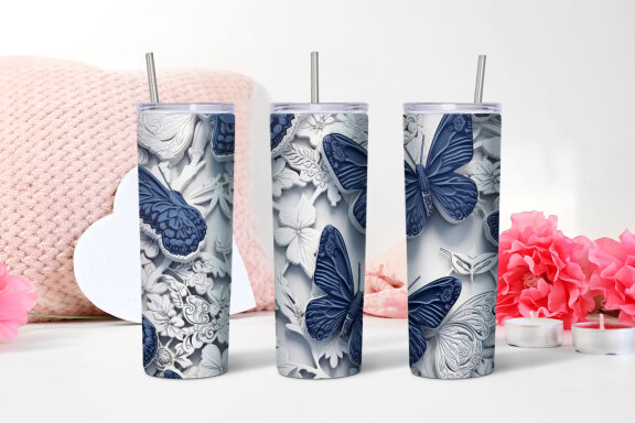 Blue and White Butterflies Tumbler | Sublimation 20 oz