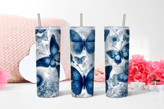 Blue and White Butterflies Tumbler | Sublimation 20 oz