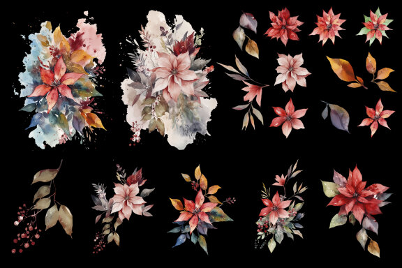 Christmas flowers watercolor clipart Christmas floral
