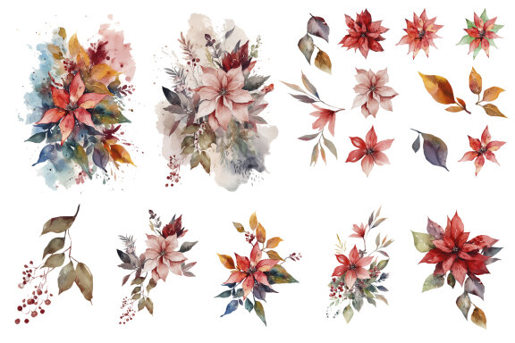 Christmas flowers watercolor clipart Christmas floral