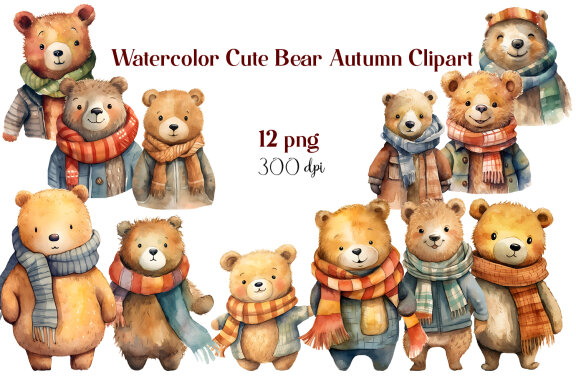 Watercolor Baby Bear Autumn Bundle Clipart