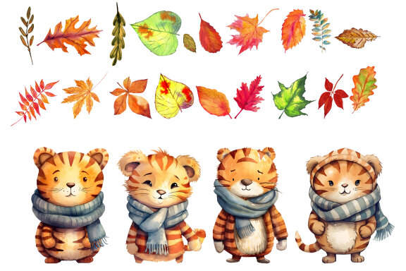 Tiger In Autumn Clipart Bundle, Fall illustration Bundle