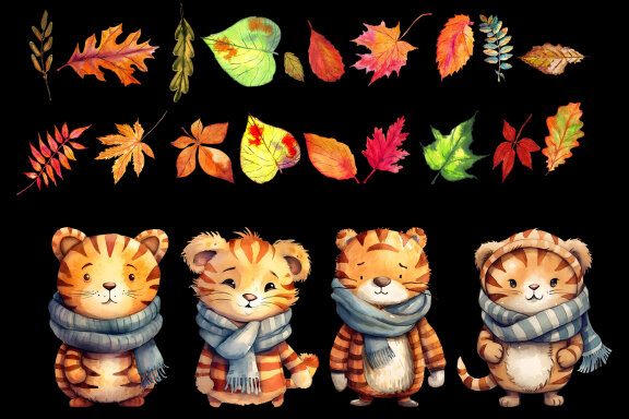 Tiger In Autumn Clipart Bundle, Fall illustration Bundle