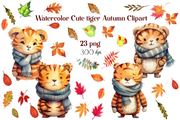 Tiger In Autumn Clipart Bundle, Fall illustration Bundle