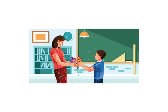 Student Give Flowers to His Teacher Illustration