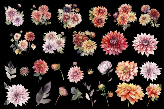 Dahlia flowers clipart, floral clip art, bouquets