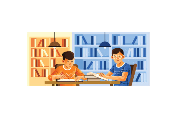 Two Students Learn in the Library Illustration