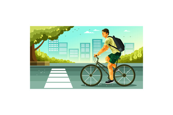 Man Riding a Bicycle in the City Illustration