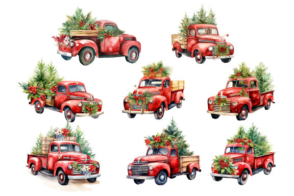 Christmas Cars Watercolor clipart set