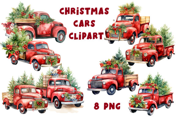 Christmas Cars Watercolor clipart set