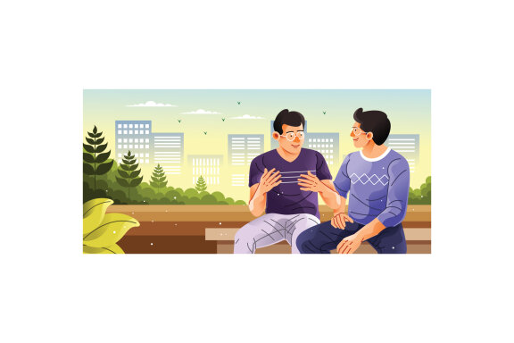 Two People Talking in City Park Illustration