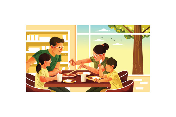 Family Sitting Around Dining Table Illustration