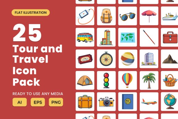 Tour and Travel 2D Icon Illustration Set Vol 1