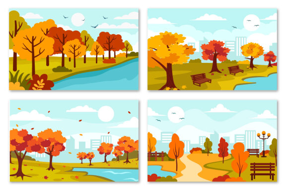 22 Autumn Landscape Blue Background Illustration