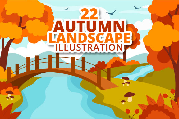22 Autumn Landscape Blue Background Illustration
