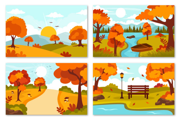 22 Autumn Landscape Blue Background Illustration