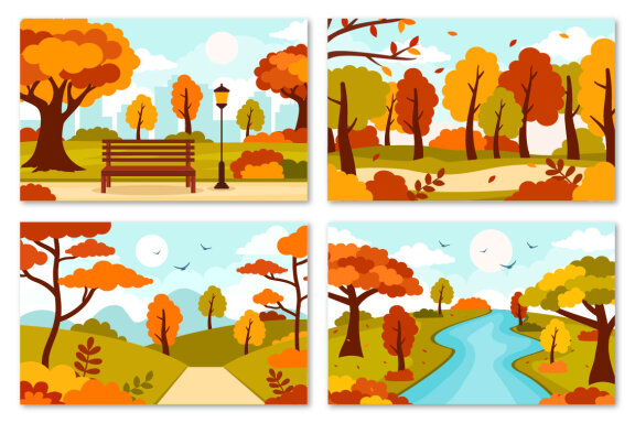 22 Autumn Landscape Blue Background Illustration